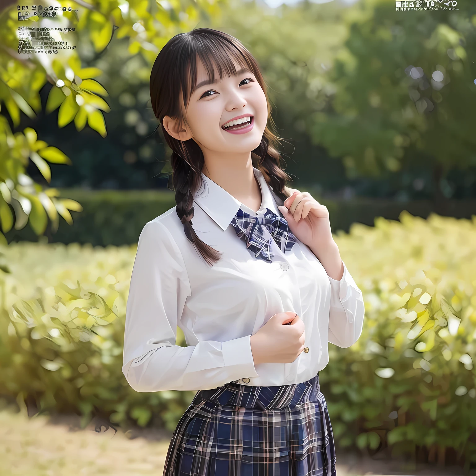 (highest quality、masterpiece:1.2)、highest quality、Realistic、photograph、High resolution、1080p、8K、The face is especially pale., Physical Rendering、((Height: 155cm)), one Japanese girl、((Siren in the form of a -yeld Jaese junior hiool student) a beautiful fashion model from a Japanese magazine, is trying to grab the viewer with both hands.))))), , (((big very detailed beautiful dark brown eyes))), ((blue girly large wine-red glossy polyester Japanese school ribbon bow tie)), (((black very beautiful and very very long braids hair))), ((((deep blue colored tartan checkered formal long pleated pleated skirt)))), ((A unpatterned formal dark blue blazer in solid that is slightly oversized and has an emblem on the left chest.)), (((((((laughing at me!))))))), Mouth open, The large blazer and skirt are very cute., detailed fingers, Slender body, ((curled bangs)), so beautiful, ((Very large and very very very cute eyes of a Japanese girl, drawn with great care and attention to detail.)), double eyelids, The entire skirt is photographed, Thin eyebrows, ((drooping eyes)), (((very long eyelashes))), ((cute lovely lovely laughing laughing cheeks)), ((Pure white light hits her face from above and in the front, making her skin and eyes shine beautifully.)), ((Strong light hits the nose and cheeks、It brings out the richness of the expression.)), (((((She has a rich expression, a pure and very cute face, and a very intelligent face.)))))