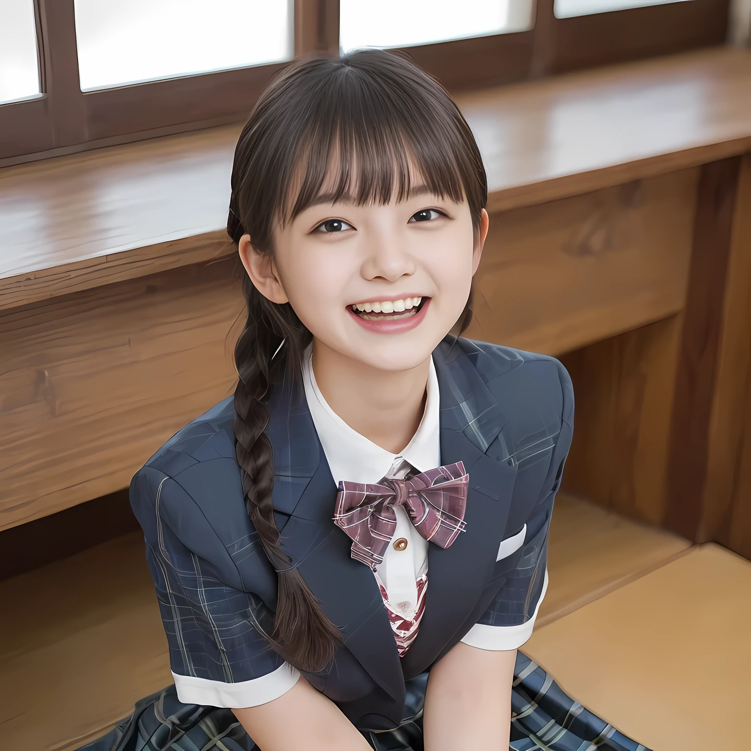 (highest quality、masterpiece:1.2)、highest quality、Realistic、photograph、High resolution、1080p、8K、The face is especially pale., Physical Rendering、((Height: 155cm)), one Japanese girl、((Siren in the form of a 15-year-old Japanese junior high school student)), (((((Siren, a beautiful fashion model from a Japanese magazine, is trying to grab the viewer with both hands.))))), , (((big very detailed beautiful dark brown eyes))), ((blue girly large wine-red glossy polyester Japanese school ribbon bow tie)), (((black very beautiful and very very long braids hair))), ((((deep blue colored tartan checkered formal long pleated pleated skirt)))), ((A unpatterned formal dark blue blazer in solid that is slightly oversized and has an emblem on the left chest.)), (((((((laughing at me!))))))), Mouth open, The large blazer and skirt are very cute., detailed fingers, Slender body, ((curled bangs)), so beautiful, ((Very large and very very very cute eyes of a Japanese girl, drawn with great care and attention to detail.)), double eyelids, The entire skirt is photographed, Thin eyebrows, ((drooping eyes)), (((very long eyelashes))), ((cute lovely lovely laughing laughing cheeks)), ((Pure white light hits her face from above and in the front, making her skin and eyes shine beautifully.)), ((Strong light hits the nose and cheeks、It brings out the richness of the expression.)), (((((She has a rich expression, a pure and very cute face, and a very intelligent face.)))))
