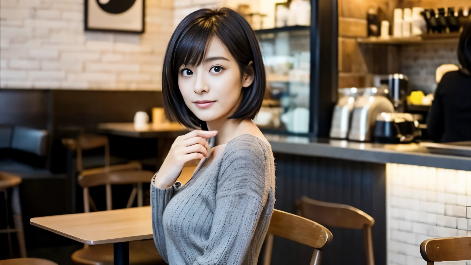 Japanese women, 30 years old, Slim figure, Small breasts, Very small waist, Beautiful Face, Beautiful Eyes, black short hair, wearing tights, Short grey knit dress, Sitting in a fashionable café, look back at you kindly, 1 girl, alone, Detailed face and eyes, Small fingers and arms. Full body photo. Realistic, Realistic.
