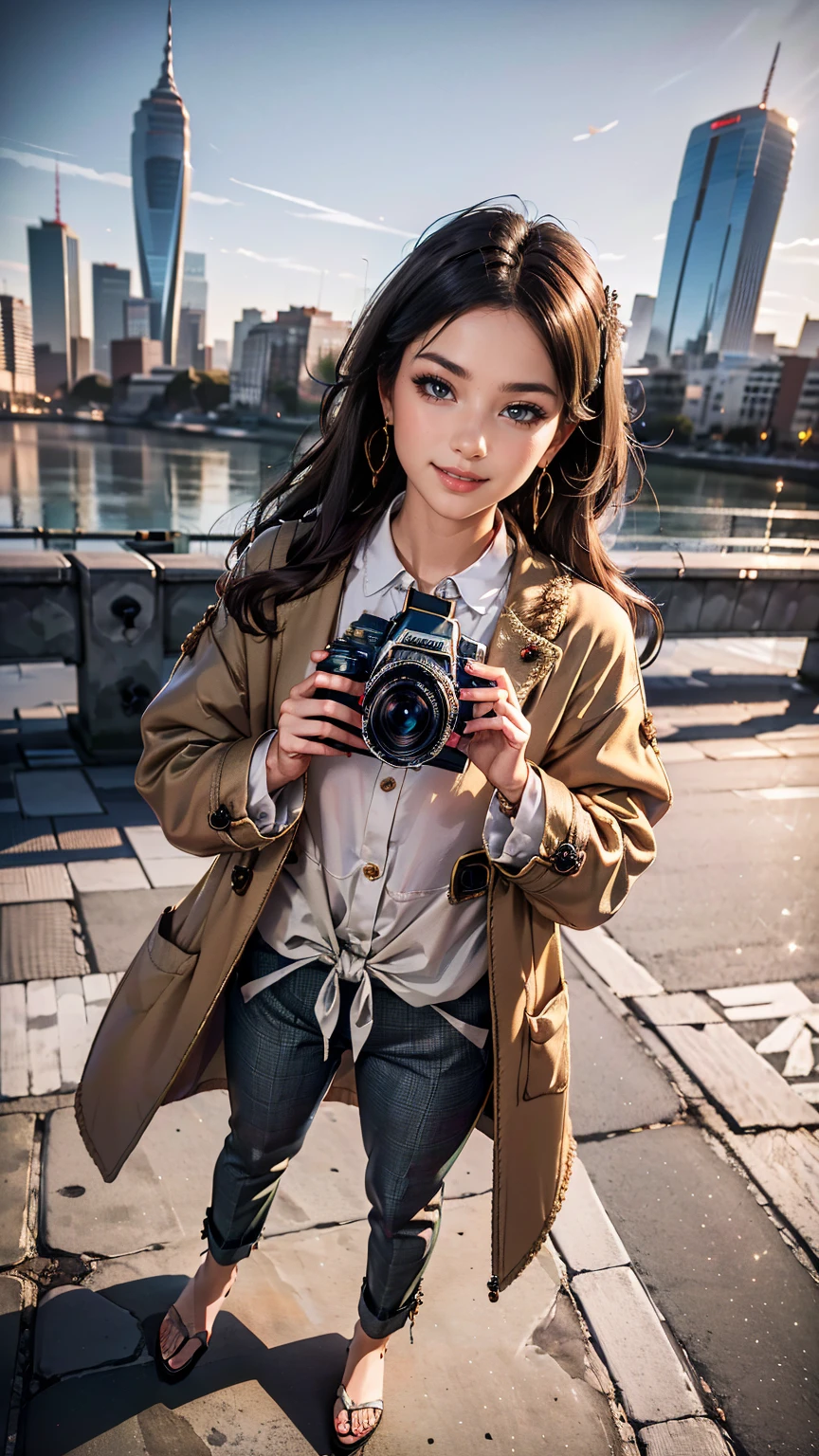 ((最high quality, 8K, masterpiece: 1.3, Ultra HD, high quality, 最high quality, High resolution, realism)) 、25-year-old Caucasian female、blue eyes、long hair、smile、slender、slenderだがアスリートのような細マッチョ、I want my head to stay off screen、Wear accessories on your wrist、Wearing red nail polish、I have a peticure、aerial perspective((atmospheric perspective))、smile((smiley))、background blur((depth of field)、crystal earrings((crystal earrings))、Dark Blonde、Hime cut((hime cut))、Photographer's coat((cameraman coat))wear、Put your hands in your coat pockets、Ankle Tide Pants((ankle tied pants))Wear、スニーカーWear、Carry a single-lens reflex camera with a telephoto lens on your shoulder、Holds a photographer bag、Skyscraper background