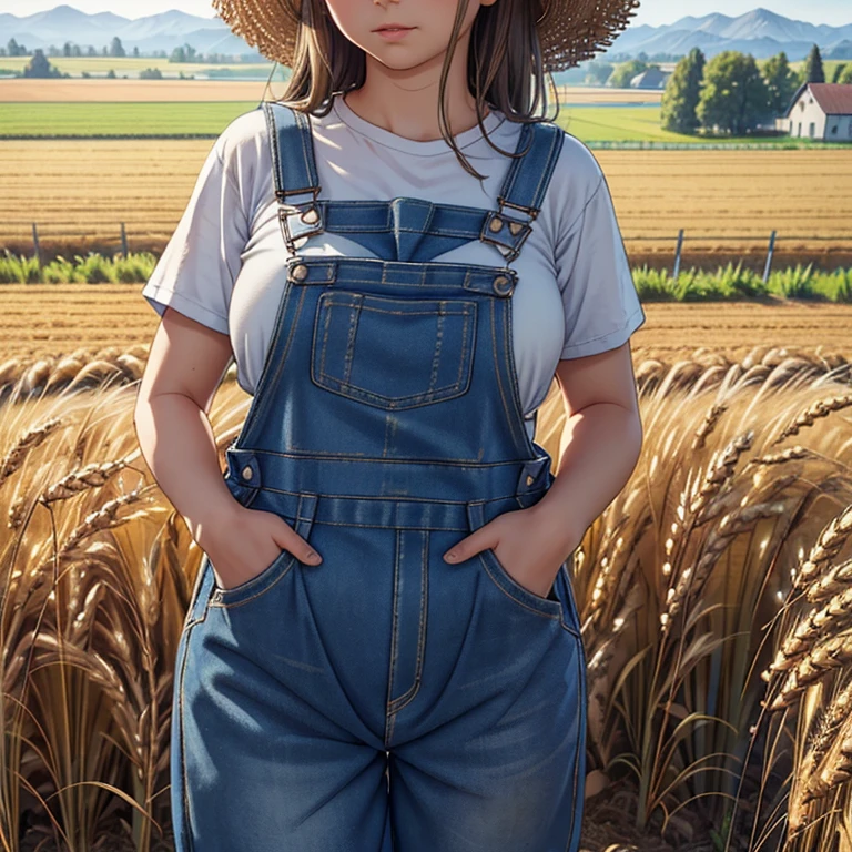 (Masterpiece, High Quality, Realistic Photo, Humanoid Patio Figure in Overalls, Gigantic Wheat Fields), Detailed Texture of Overalls, Authentic Agricultural Scene, Spotless Skin, Realistic Reflections, Cinematic Depth of Field, Rustic Background, Detailed Wheat Farm Landscape, Golden Sunlight, Harvest Season, (1 Humanoid Figure), (Realistic Farm Scene), (Depth of Field), High Resolution, Lifelike Textures, (Masterpiece), Detailed Shadows, agricultural, rural, wheat field, farming, authentic, (Realistic Farm Setting), (Detailed Texture of Overalls), (Authentic Agricult