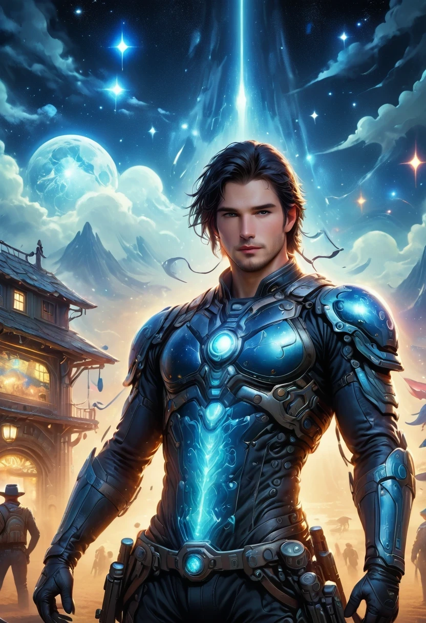 Cyberpunk cowboy in interstellar tavern,Futuristic starry sky background,Alien Technology,Mechanical Cowboy