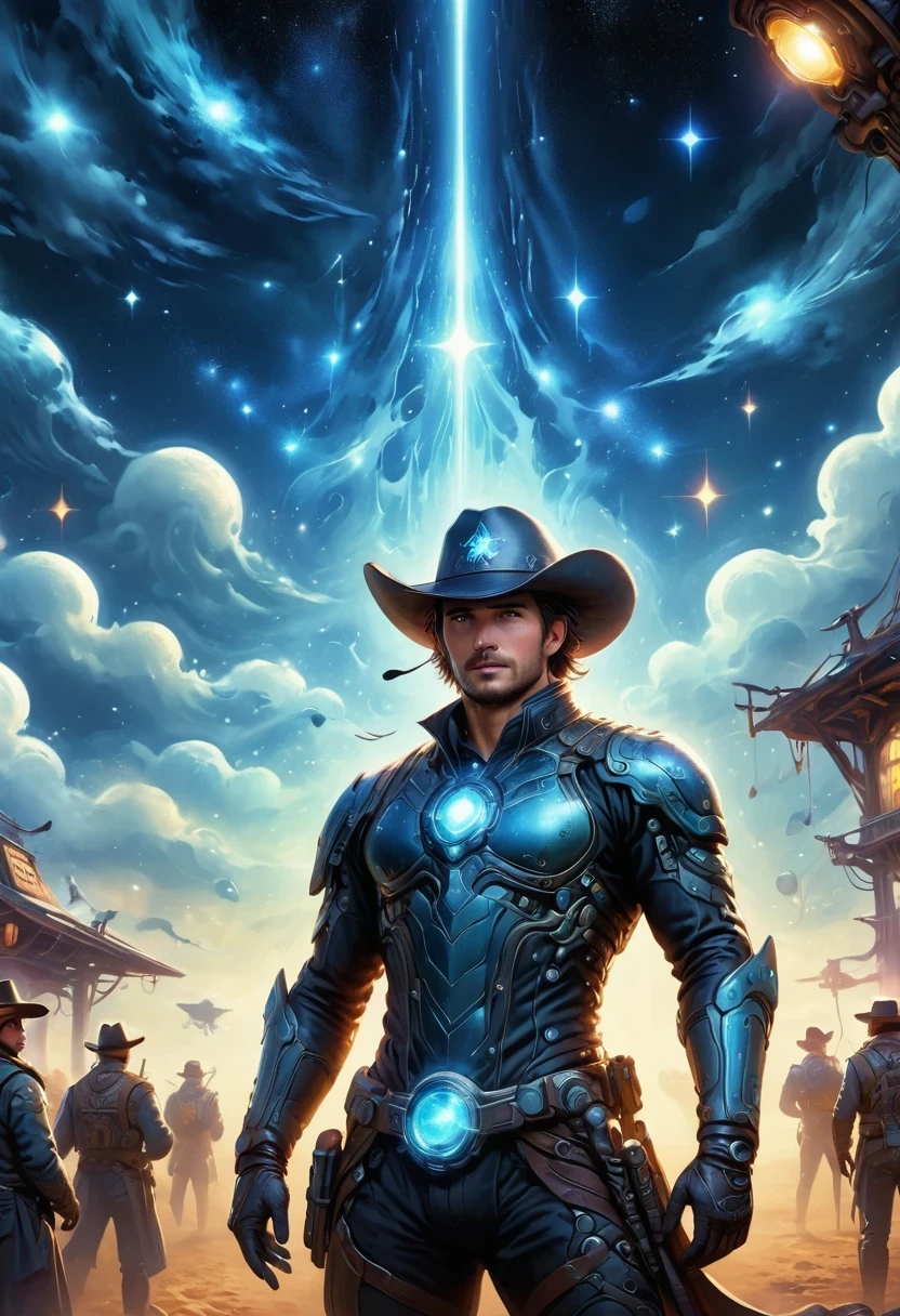 Cyberpunk cowboy in interstellar tavern,Futuristic starry sky background,Alien Technology,Mechanical Cowboy