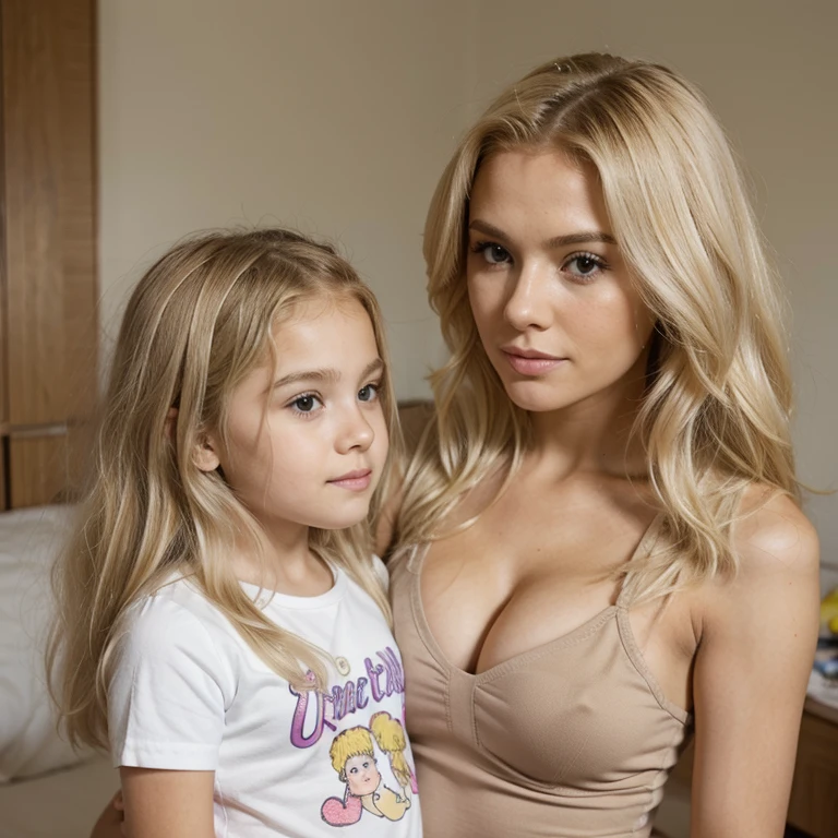 Una mujer blanca afro rubia, with a 3 girl straight blonde hair