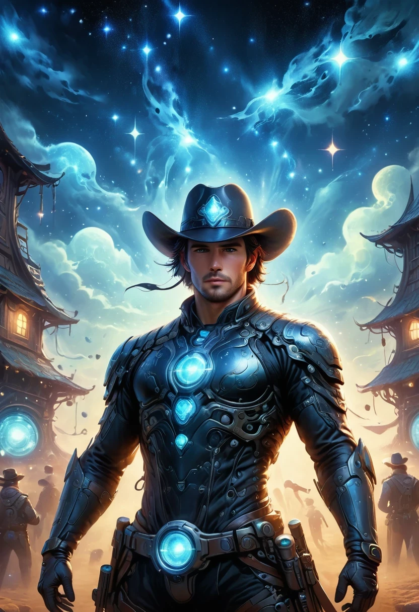 Cyberpunk cowboy in interstellar tavern，Futuristic starry sky background，Alien Technology，Mechanical Cowboy