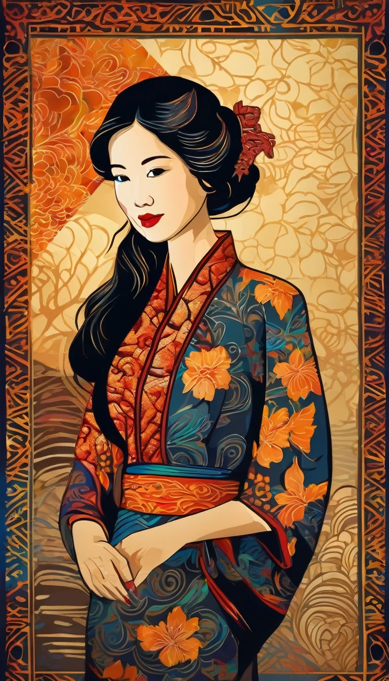 A batik style image of a beautiful traditional Vietnamese young woman. Dark background with batik patterns. Intricately designed with high details.