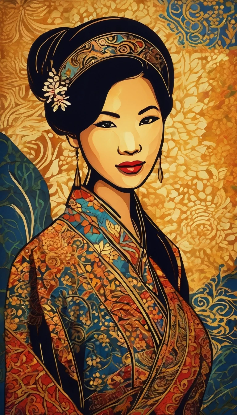 A batik style image of a beautiful traditional Vietnamese young woman. Dark background with batik patterns. Intricately designed with high details.