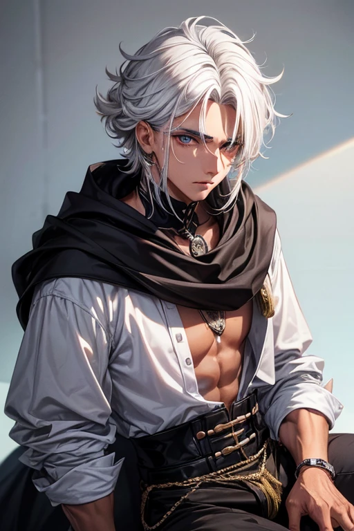 Ladrao moreno indiano, 20 anos, messy white hair, olho preto, magro forte, roupa manto negro