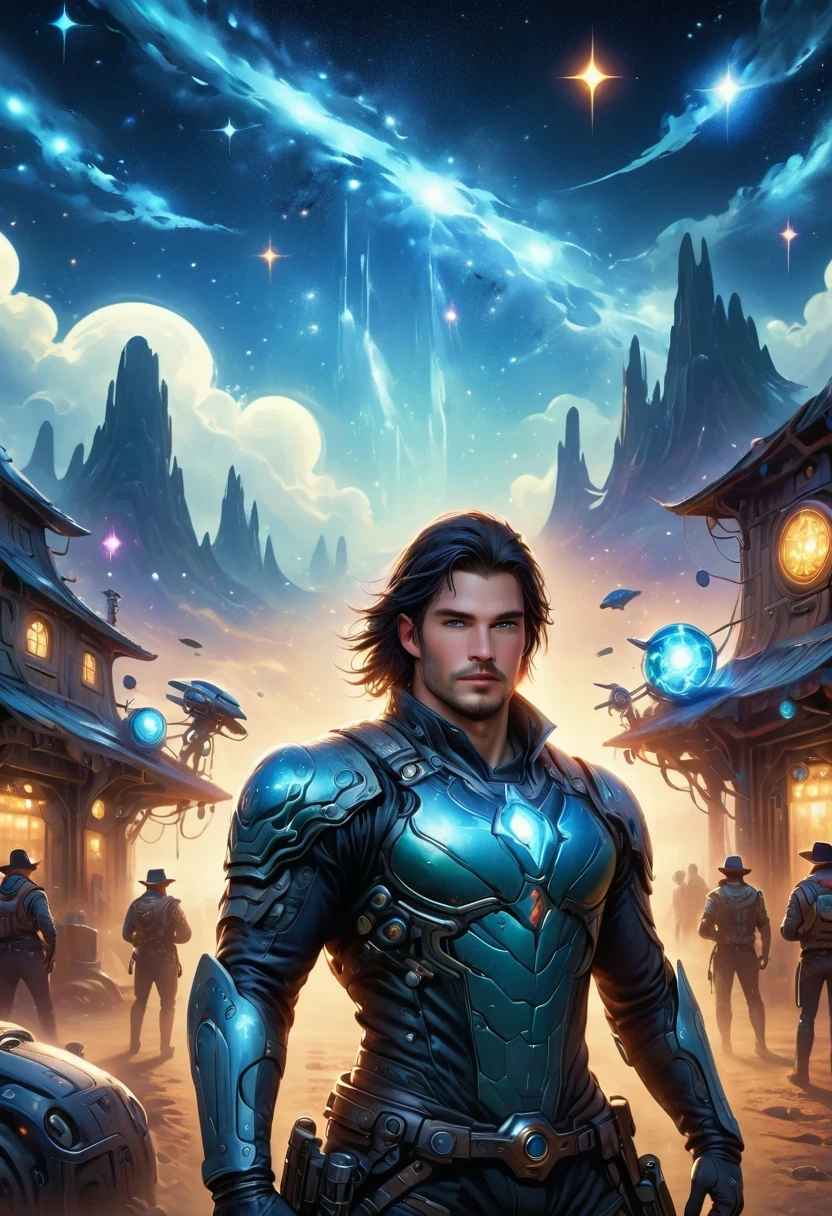 Cyberpunk cowboy in interstellar tavern，Futuristic starry sky background，Alien Technology，Mechanical Cowboy