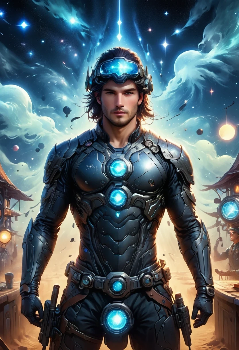 Cyberpunk cowboy in interstellar tavern,Futuristic starry sky background,Alien Technology,Mechanical Cowboy