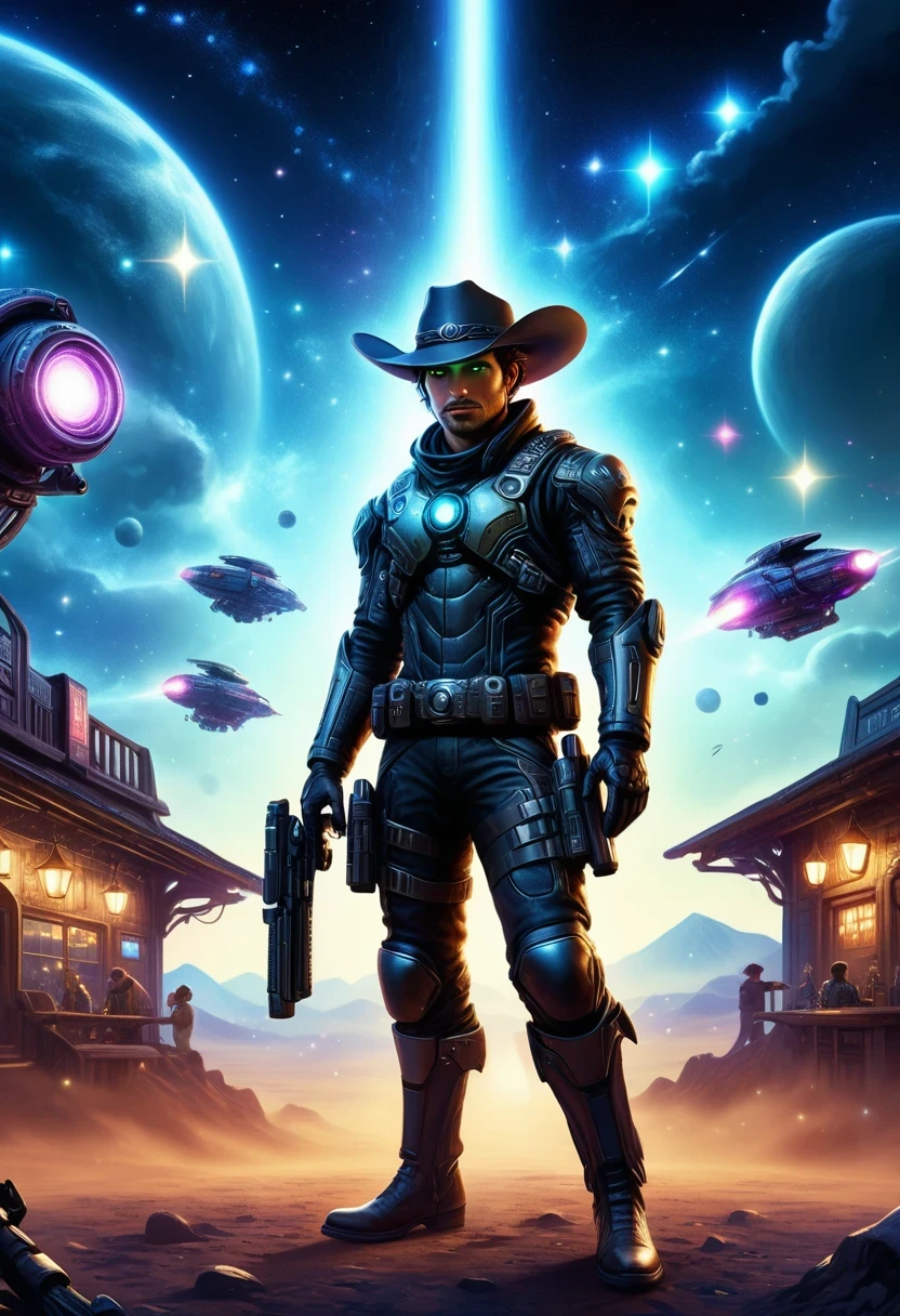 Cyberpunk cowboy in interstellar tavern,Futuristic starry sky background,Alien Technology,Mechanical Cowboy