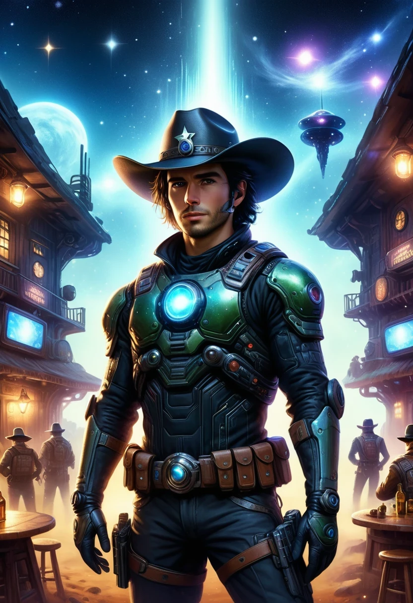Cyberpunk cowboy in interstellar tavern,Futuristic starry sky background,Alien Technology,Mechanical Cowboy