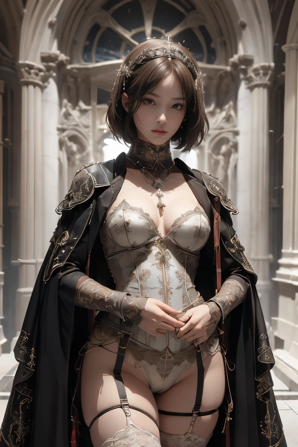  ((highest quality, 8K, masterpiece: 1.3)), Sharp Focus: 1.2, (Layered Cut, big: 1.2), A beautiful Japanese girl with a perfect figure: 1.4、、 Leather corset and panties 、garter belt、 Bondage meets cybernetics 、 Very intricate detail 、Slender Abs: 1.2. Wet Body: 1.5、Highly detailed face and skin texture、Detailed eyes、double eyelid、Inside the cathedral、short chestnut hair、 ((Ultra-Realistic Details)) 、 Portrait 