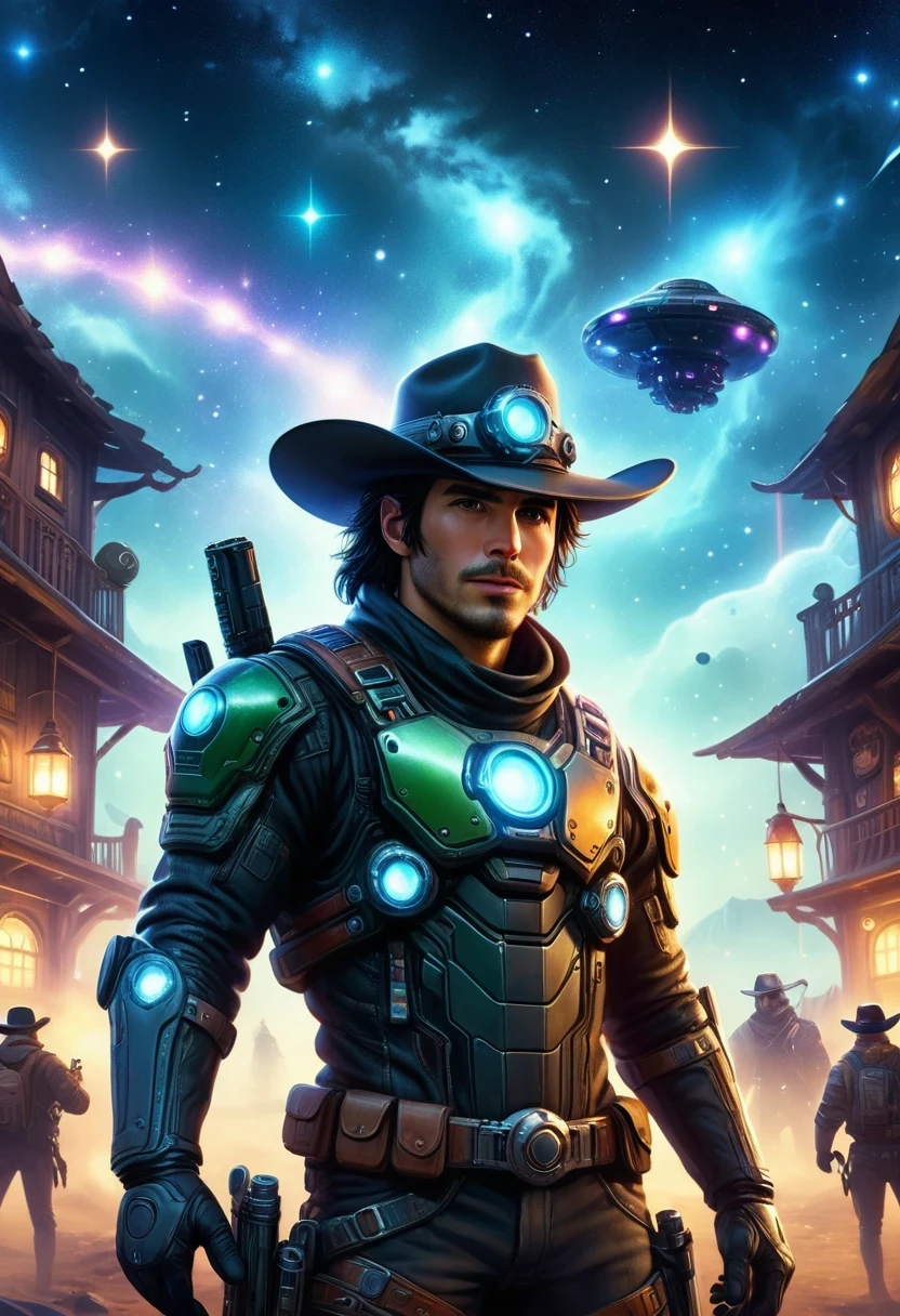 Cyberpunk cowboy in interstellar tavern,Futuristic starry sky background,Alien Technology,Mechanical Cowboy