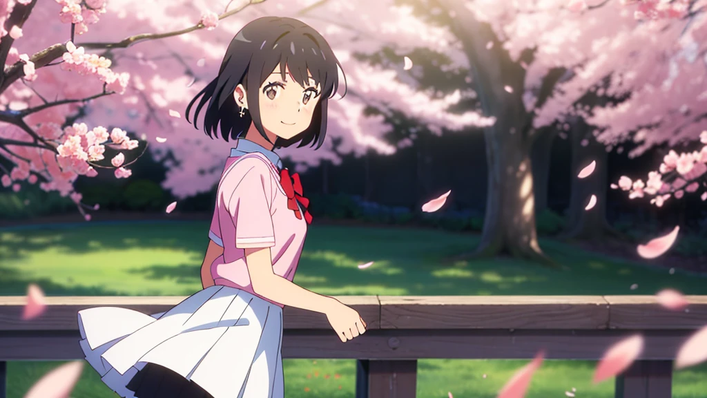 shinkai makoto, kimi no na wa., 1girl, bangs, black hair, blush, bright eyes, brown eyes, red headband, red ribbon, short hair, shinny hair, smile. cute, beautiful, shiny skin, looking at the viewer, solo, white dress, pleated skirt, short sleeves, earrings, cherry_blossoms, falling_petals, petals, branch, pink_flower, sunlight, spring_season, wind, tree