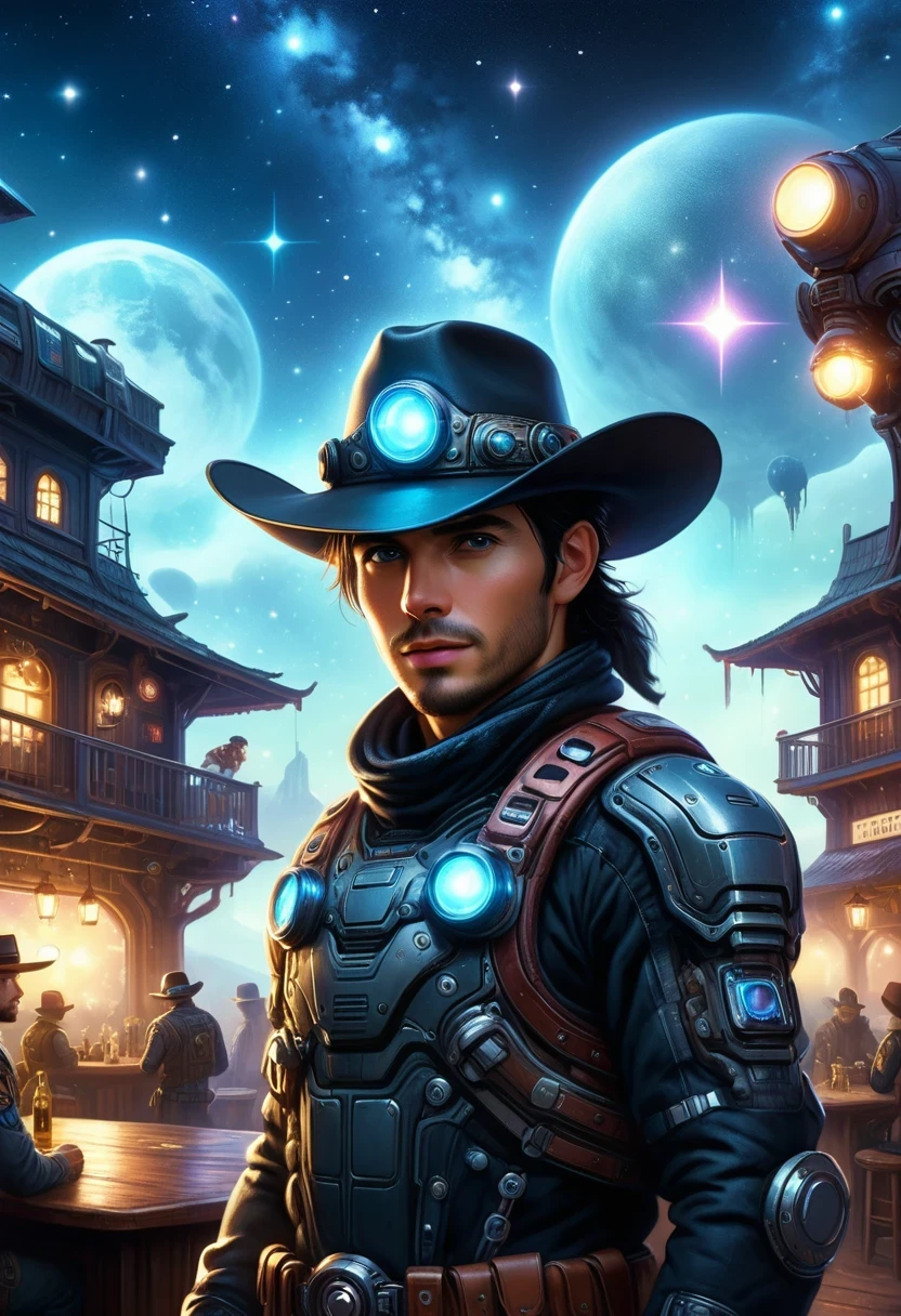 Cyberpunk cowboy in interstellar tavern,Futuristic starry sky background,Alien Technology,Mechanical Cowboy