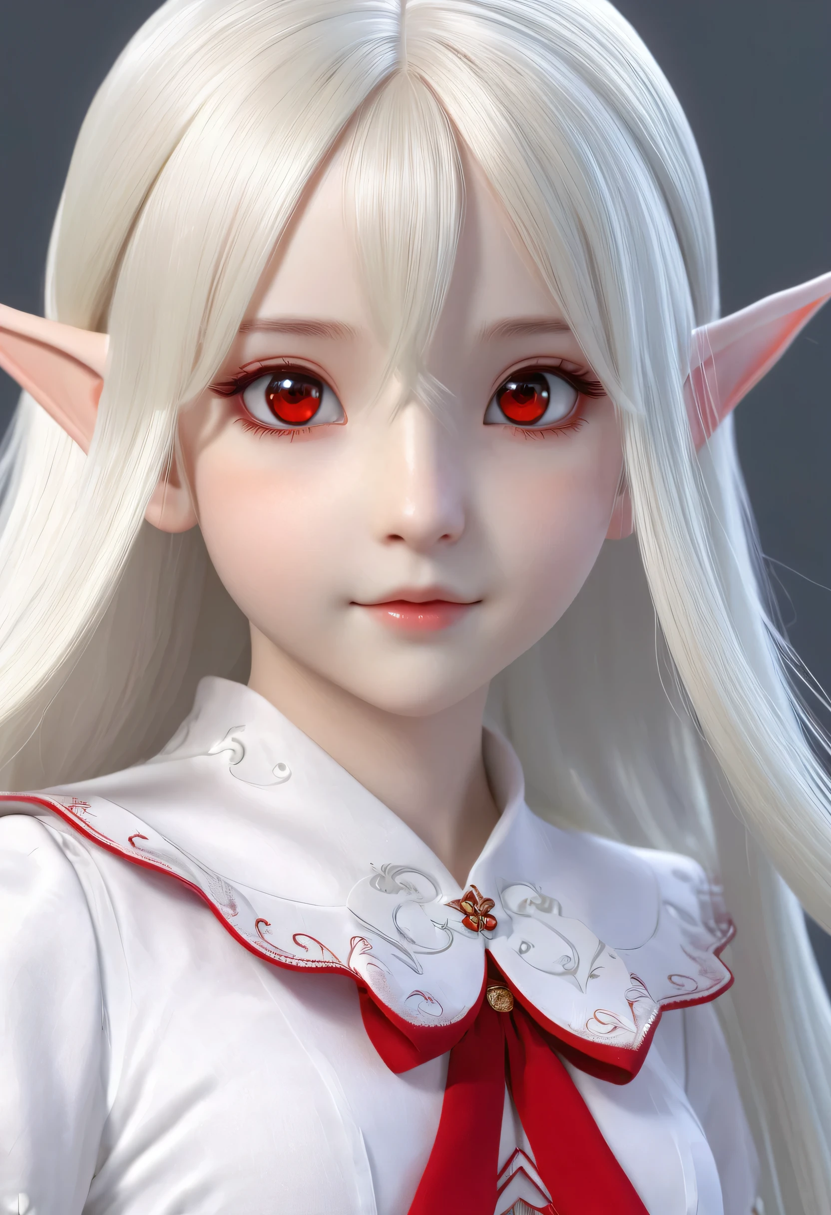  girl，Milky white long hair，Red Eyes，Very large breasts，((3D anime style))，Elf，Clothes made of thin fabric，