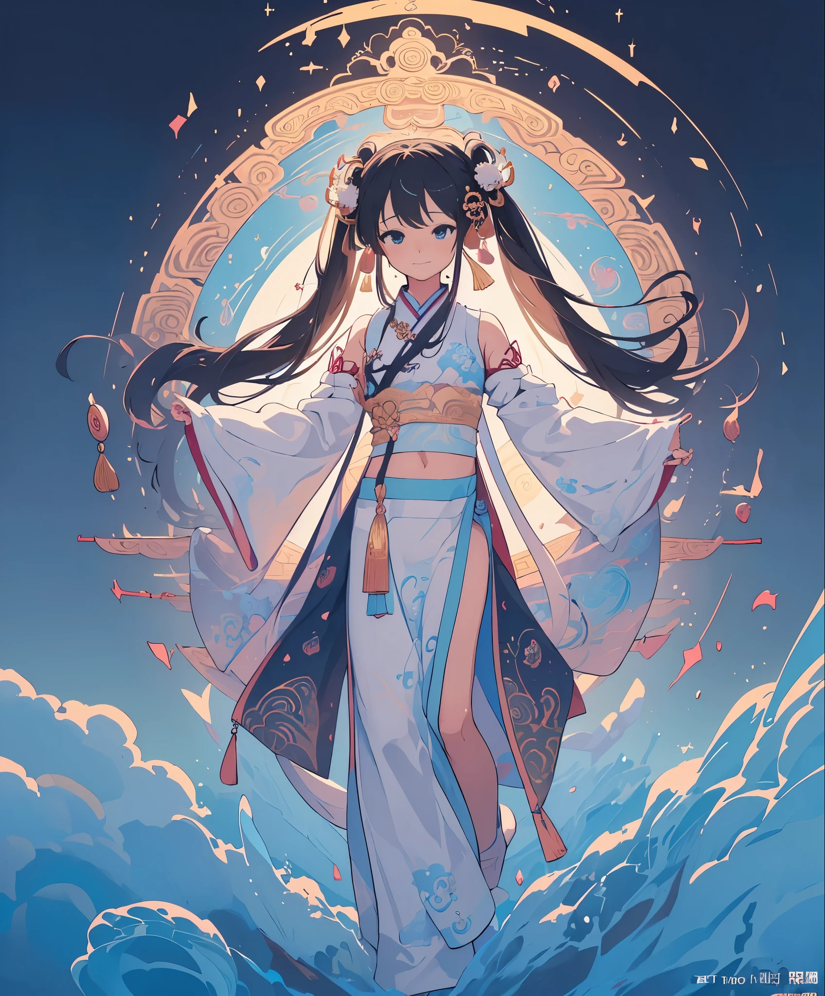 (masterpiece、highest quality、highest quality、Official Art、beautifully美しい:1.2)、(One girl:1.3)Hatsune Miku、Twin tails,Big Breasts,Official Art, Integrated 8K wallpaper, Super detailed, beautifully、aesthetic, masterpiece, highest quality, (Tangleの, Tangle, Intertwined), (Fractal Art: 1.4), One girl, Black Hair, China語, Exposing shoulders, Short skirt, Calf, belly button, Very detailed, Dynamic Angle, Cowboy Shot, (The most beautiful form of chaos), flowing, (Bright colors), oc, (half: 1.2), China, (thangka flying in the sky: 1.5), (ribbon: 1.3), (dream: 1.5), (Hanfu: 1.5), China語 dragon, China語 phoenix, (smile: 0.5), (China語 deity),