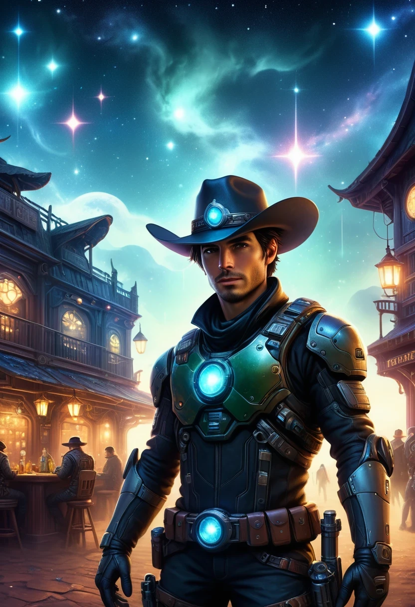 Cyberpunk cowboy in interstellar tavern,Futuristic starry sky background,Alien Technology,Mechanical Cowboy