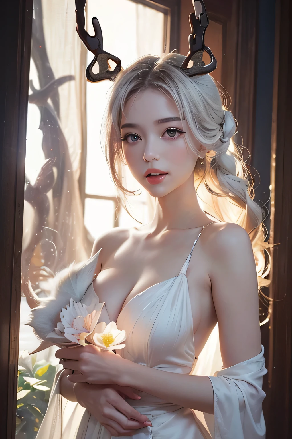 (((whitetail:1.5))), Beautiful white fox, (Nine-tailed white fox),
(Bare shoulders:0.85), ((nude:1)),(Chest nudity:0.55), (Glowing atmosphere, charming light, Luminous lighting, Ethereal atmosphere, charming light, Evocative shades, charming colors, Dramatic Lighting, Enchanting aura),1 Girl, masterpiece,best quality, 1 Girl,
(Upper Body:1.2),((nipple:0.55)),(1 Chinese pattern in the middle of the girl's forehead),girl with weak temperament,
epic movie, soft natural light, rim light, absurd, Astonishing, interesting, scratchy, Super detailed, Surreal, Soft colors,
white flower pink flower,((barefoot:1)),