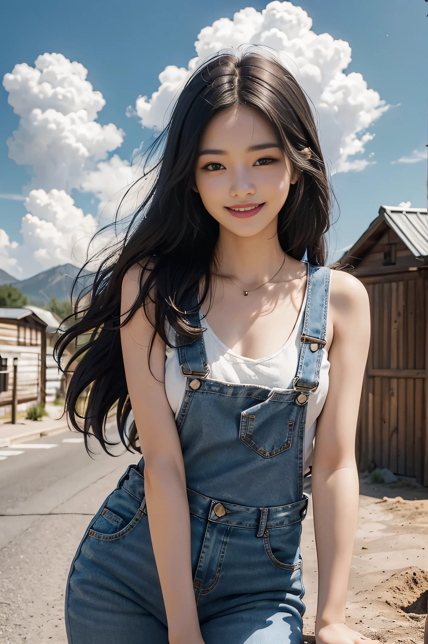 highest quality, Ultra-high resolution, masterpiece, Photorealistic: 1.8), pore, Accuracy, ranch, American West, High and wide, White clouds overhead, sky, face is in the center of the screen, denim overalls, Sleeveless shirt、Small breasts, pale light, young woman, 17 years old、Tie your hair back, Dark Eyes, smile, Laugh happily、hold pitchfork in hand、White teeth、 leaning forward, leaning forwardになる, Bend your waist, glimpse of the chest, Detailed Description, cute,