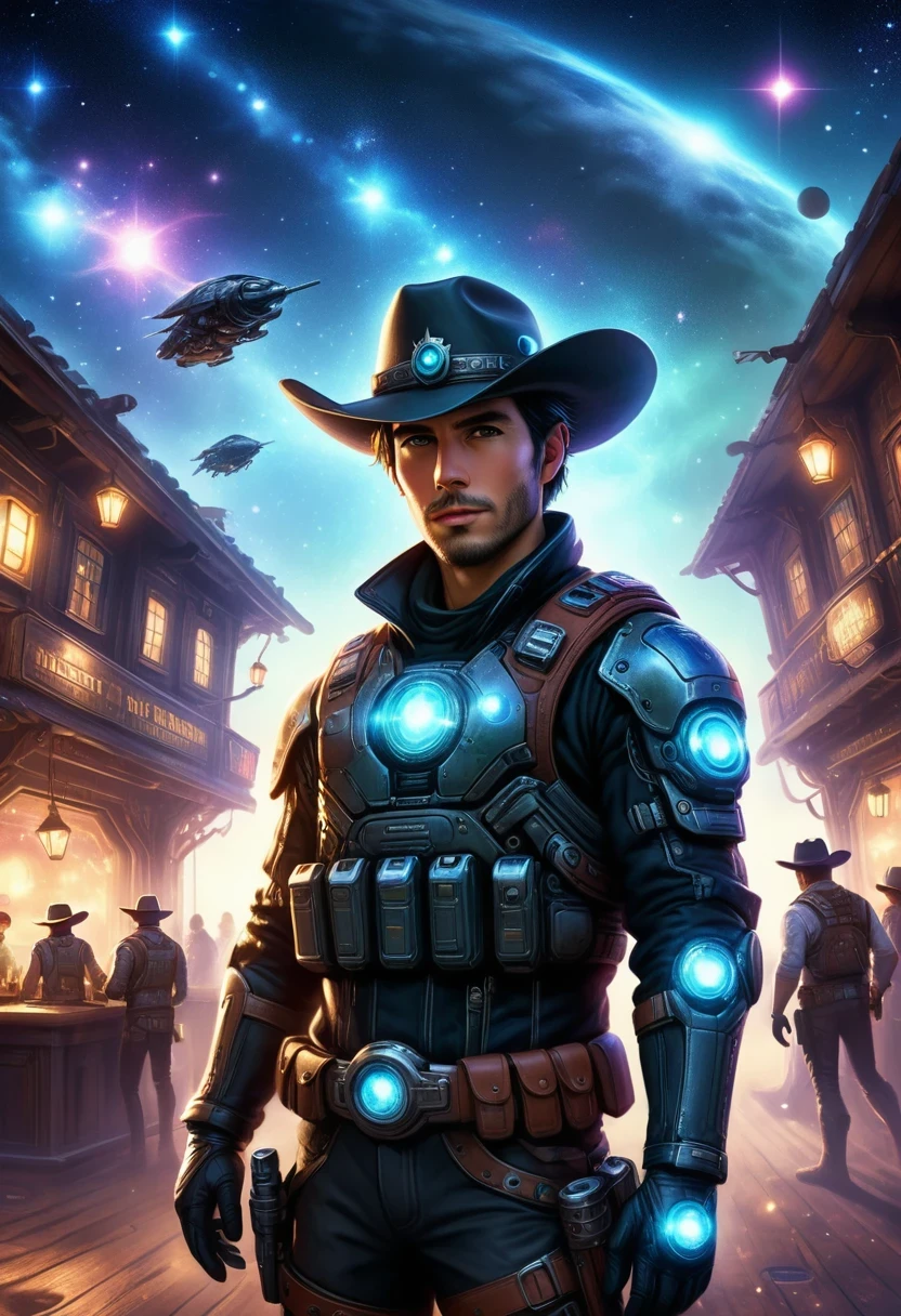 Cyberpunk cowboy in interstellar tavern,Futuristic starry sky background,Alien Technology,Mechanical Cowboy