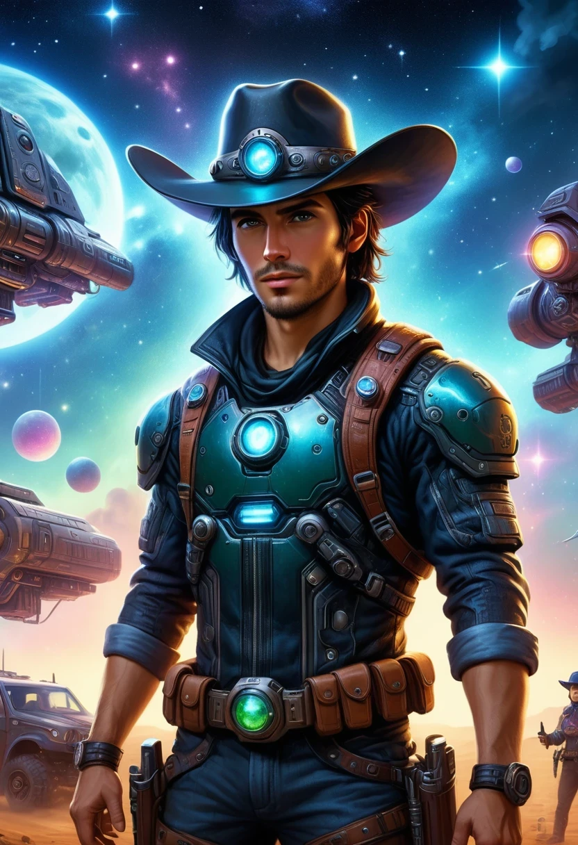 Cyberpunk cowboy in interstellar tavern,Futuristic starry sky background,Alien Technology,Mechanical Cowboy
