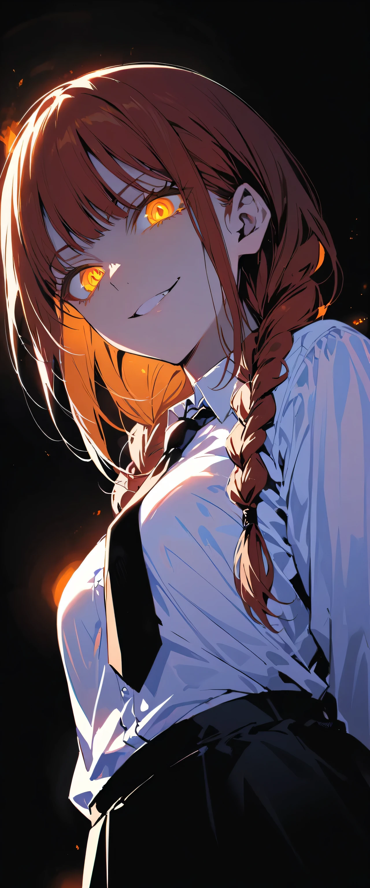 hand (chainsaw man), highest quality, Super detailed, One girl, alone, Are standing, Redhead, Long braided hair, Golden Eyes, bangs, Medium chest, White shirt, tie, stare, smile, (evil:1.2), View your viewers, (interview:1.3), (Dark Background), From below, Crisp contrast , Gorgeous fine details, concentrated , Close-up shot , Orange glowing eyes,Front view