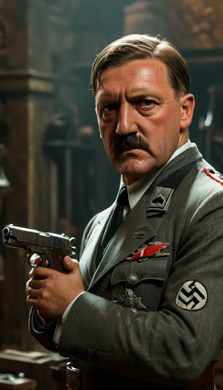 period piece masterpiece, Frame the shot to focus on Hitler's profile, with the pistol held to his temple, background cinematic, hyper realistic, ultra detailed hyper realistic, photorealistic, Studio Lighting, reflections, dynamic pose, Cinematic, historical accuracy, Color Grading, Photography, Shot on 50mm lens, Ultra-Wide Angle, Depth of Field, hyper-detailed, beautifully color, 8k