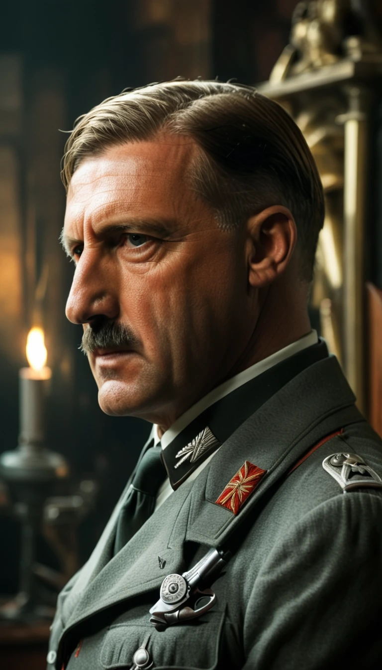 period piece masterpiece, Frame the shot to focus on Hitler's profile, with the pistol held to his temple, background cinematic, hyper realistic, ultra detailed hyper realistic, photorealistic, Studio Lighting, reflections, dynamic pose, Cinematic, historical accuracy, Color Grading, Photography, Shot on 50mm lens, Ultra-Wide Angle, Depth of Field, hyper-detailed, beautifully color, 8k