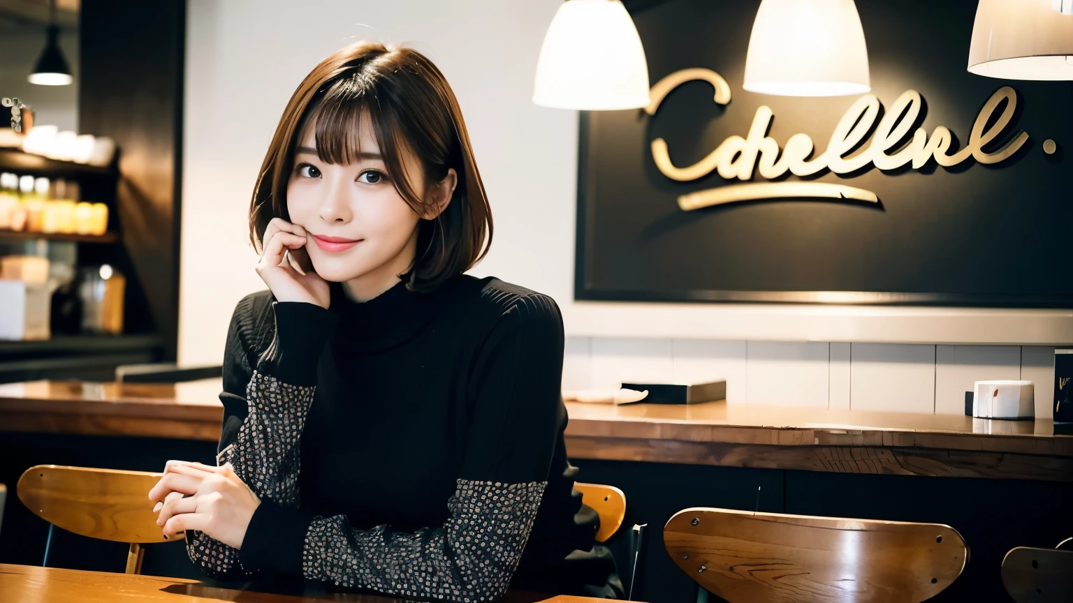 (最high quality、8k、32k、masterpiece:1.2)、A photo of a female college student who looks like a cute model、Normal breasts、Short Bob Hair、Upper Body、Face Focus、Extra Large_sweater、necklace、Looking at the audience、background a trendy coffee shop with a unique aesthetic and atmosphere. Incorporate elements like modern furniture, artistic decoration, and ambient lighting to enhance the ambiance. People who enjoy drinks々Consider including, engaging in conversation, or quietly working on laptops. Let your creativity flow、In this chic café setting「StableDiffusion」Let the idea come to life, I can see other customers enjoying themselves too..。Inside the cafe、The staff are busy working at the counter..、Feel the vibrancy and warmth of an urban café..., Sharp focus, 1 girl, sexy 1.2, brown hair, With bangs, Beautiful Eyes, 切れ長のBeautiful Eyes, double eyelid, (cat face), (cute Face), cute Smile, (Shut your mouth.), (cute), Soft Skin, Surreal, Very detailed, high quality, (Beautiful female college student with short hair studying in a cafe), ((Detailed very cute college girl),