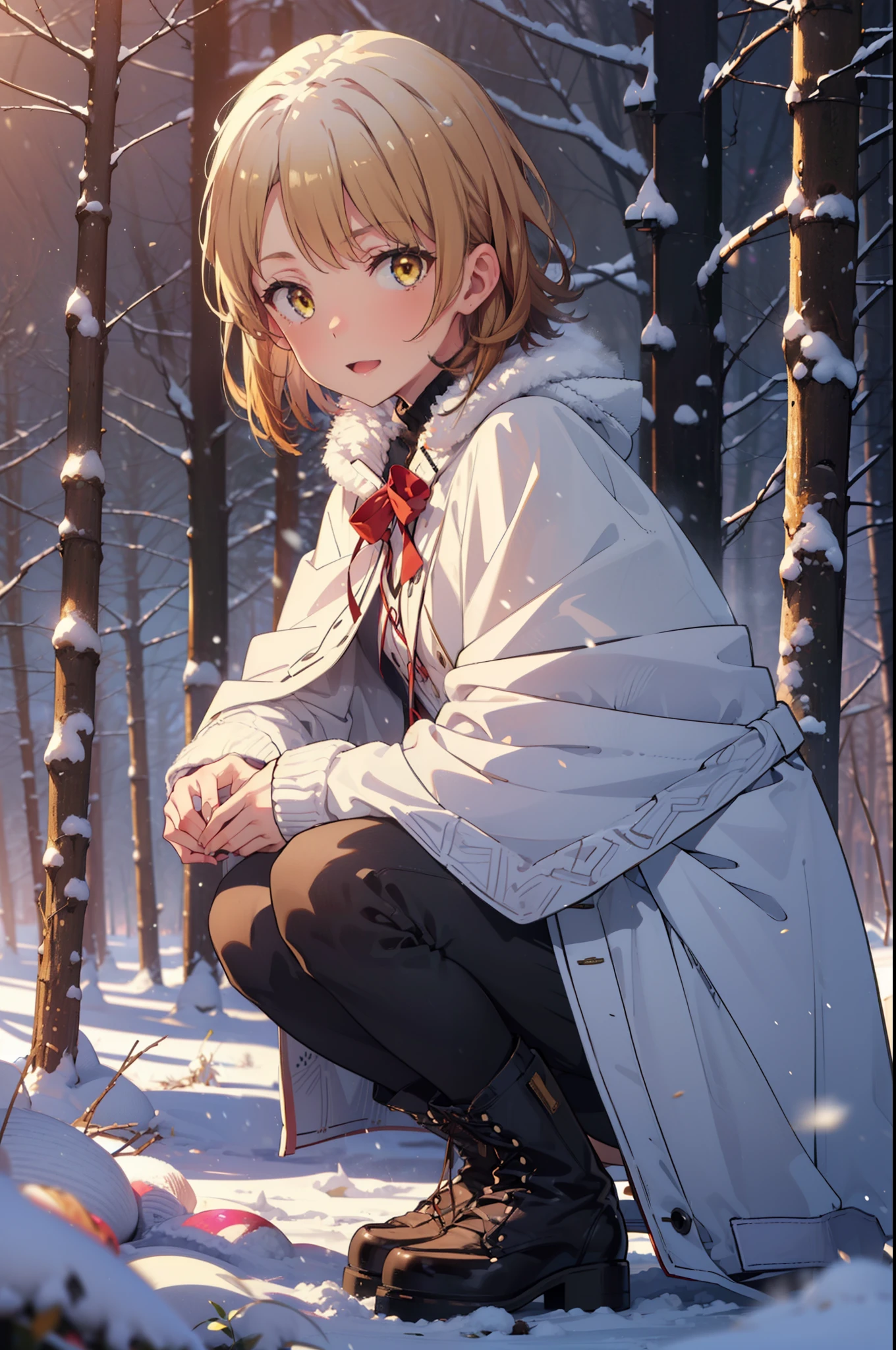 irohaisshiki, iroha isshiki, short hair, brown hair, (Brown eyes:1.5), smile,
Open your mouth,snow, fire, Outdoor, boots, snowing, From the side, wood, suitcase, Cape, Blurred, Food up, forest, White handbags, nature,  Squat, Mouth closed, フードed Cape, winter, Written boundary depth, Black shoes, red Cape break looking at viewer, Upper Body, whole body, break Outdoor, forest, nature, break (masterpiece:1.2), highest quality, High resolution, unity 8k wallpaper, (shape:0.8), (Fine and beautiful eyes:1.6), Highly detailed face, Perfect lighting, Highly detailed CG, (Perfect hands, Perfect Anatomy),