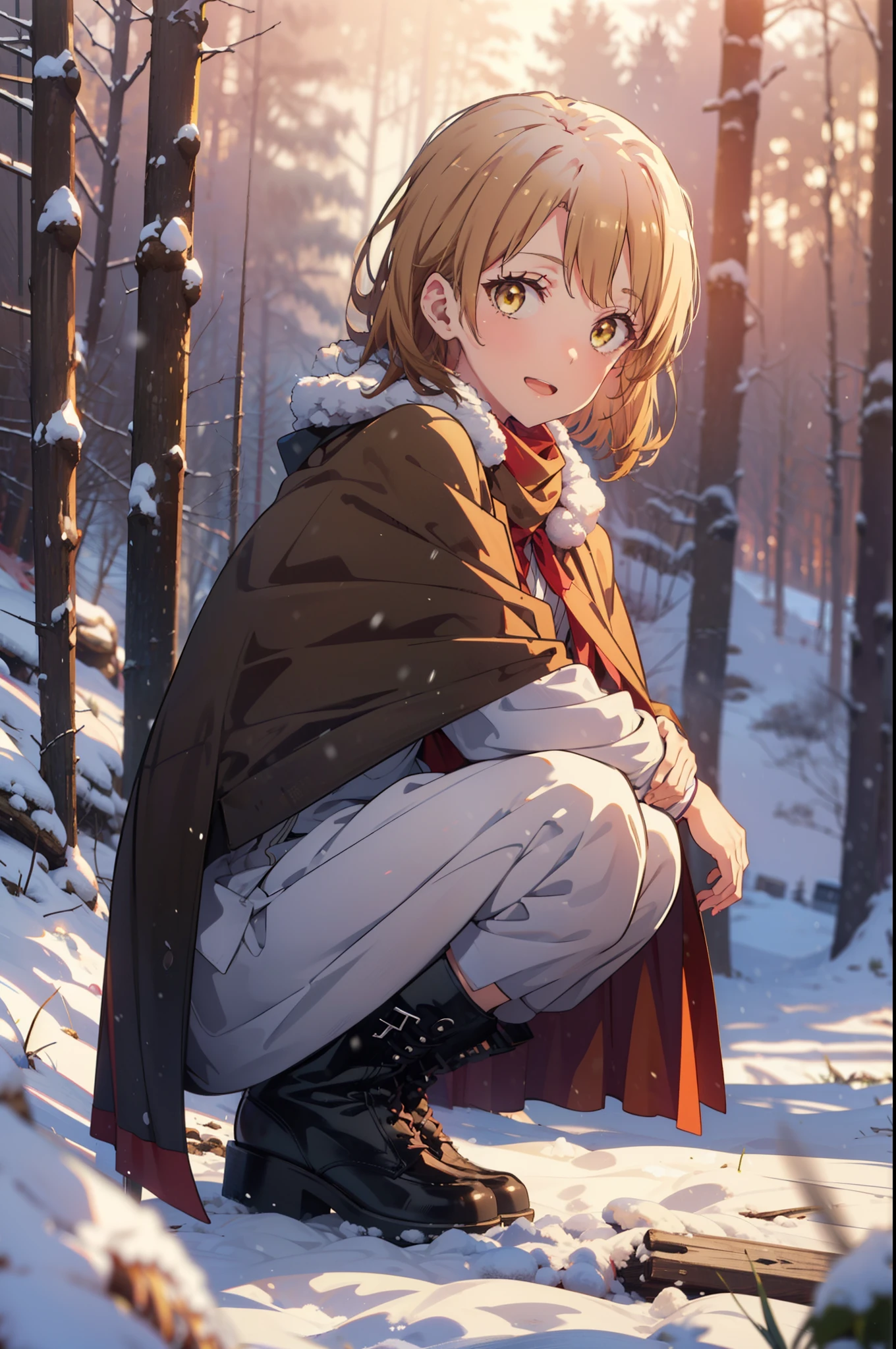 irohaisshiki, iroha isshiki, short hair, brown hair, (Brown eyes:1.5), smile,
Open your mouth,snow, fire, Outdoor, boots, snowing, From the side, wood, suitcase, Cape, Blurred, Food up, forest, White handbags, nature,  Squat, Mouth closed, フードed Cape, winter, Written boundary depth, Black shoes, red Cape break looking at viewer, Upper Body, whole body, break Outdoor, forest, nature, break (masterpiece:1.2), highest quality, High resolution, unity 8k wallpaper, (shape:0.8), (Fine and beautiful eyes:1.6), Highly detailed face, Perfect lighting, Highly detailed CG, (Perfect hands, Perfect Anatomy),