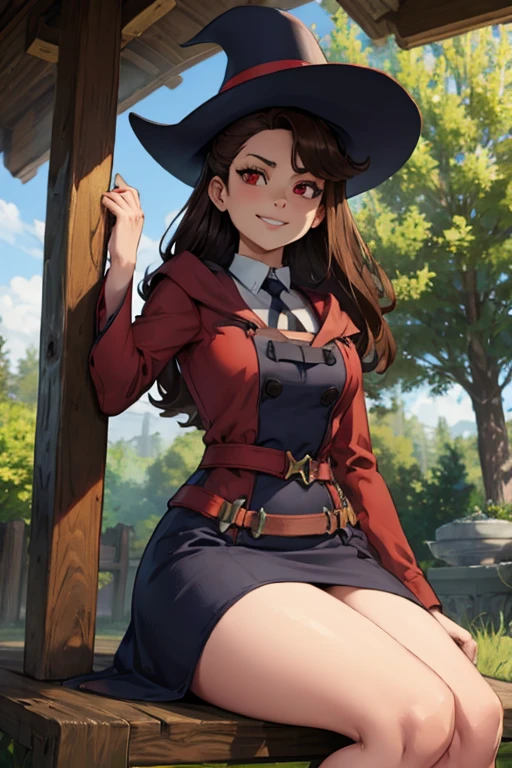 A brown haired female witch with red eyes with an hourglass figure in a conservative Victorian gown is leaning against a tree with a goofy smile
