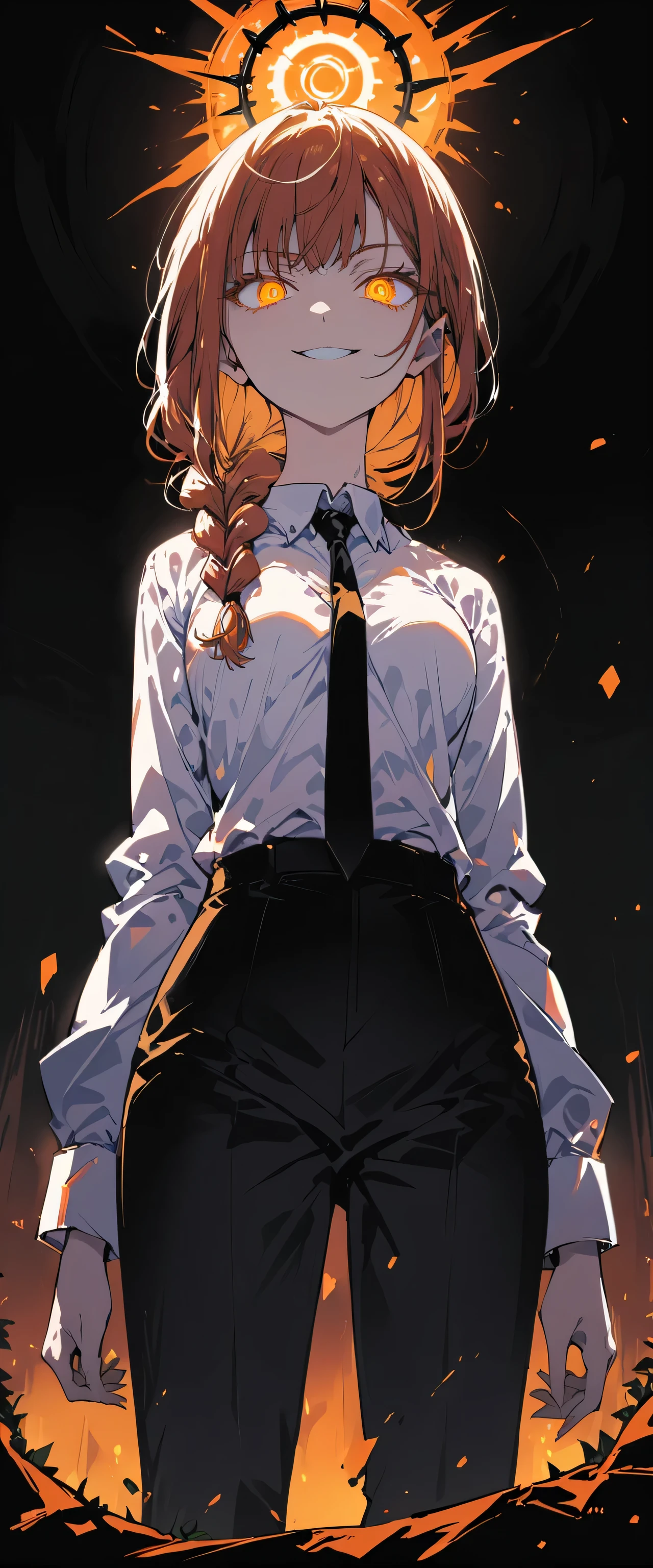 hand (chainsaw man), highest quality, Super detailed, One girl, alone, Are standing, Redhead, Long braided hair, Golden Eyes, bangs, Medium chest, White shirt, tie, stare, smile, (evil:1.2), View your viewers, (interview:1.3), (Dark Background), From below, Crisp contrast , Gorgeous fine details, concentrated , Close-up shot , Orange glowing eyes,Front view