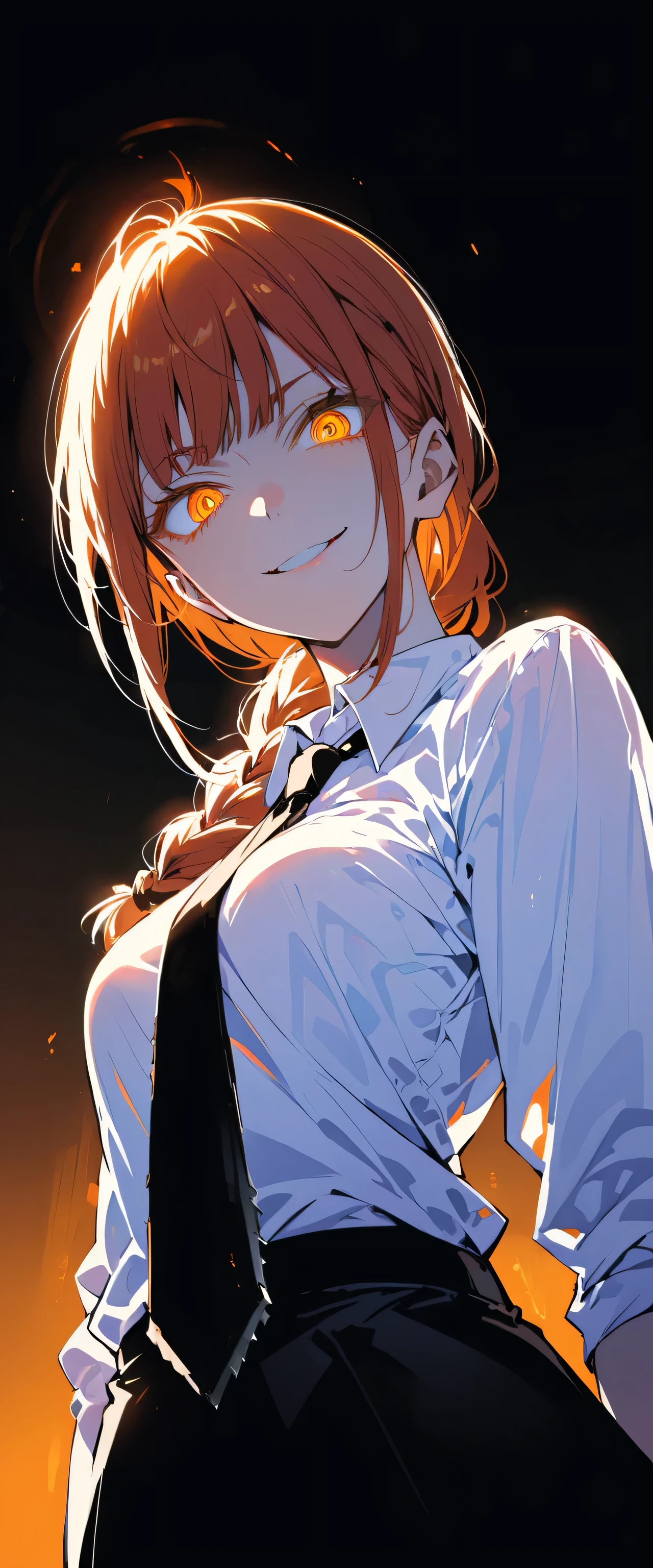 hand (chainsaw man), highest quality, Super detailed, One girl, alone, Are standing, Redhead, Long braided hair, Golden Eyes, bangs, Medium chest, White shirt, tie, stare, smile, (evil:1.2), View your viewers, (interview:1.3), (Dark Background), From below, Crisp contrast , Gorgeous fine details, concentrated , Close-up shot , Orange glowing eyes,Front view
