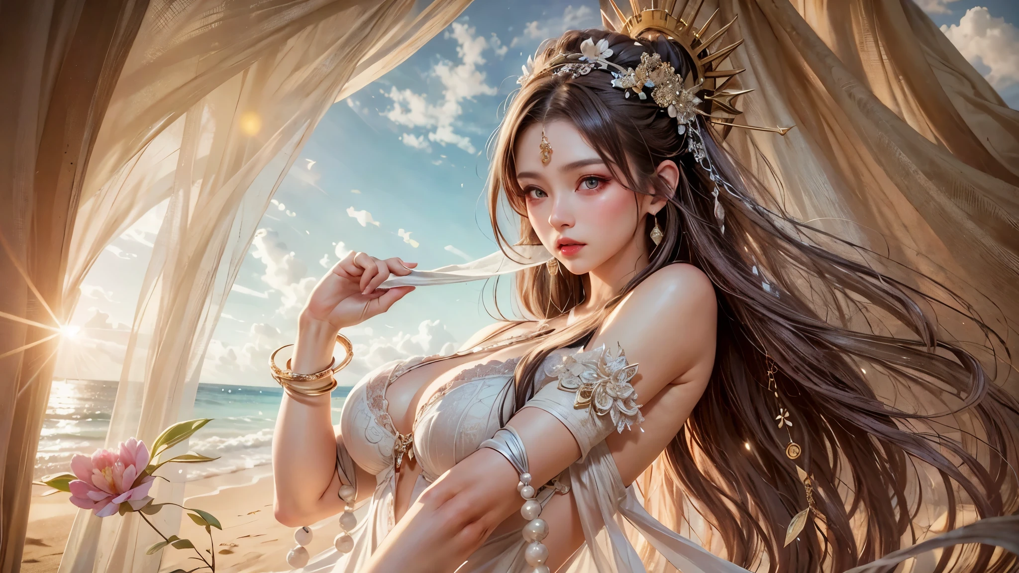 there is a woman in a lace white dress posing on the beach, A deep cleavage squeezed out from the middle of her towering breasts, trending on cgstation, wlop and sakimichan, artwork in the style of guweiz, cinematic. by leng jun, wlop and ross tran, by Victor Wang, a beautiful fantasy empress, guweiz, ruan jia and artgerm, beautiful fantasy maiden, japanese goddess