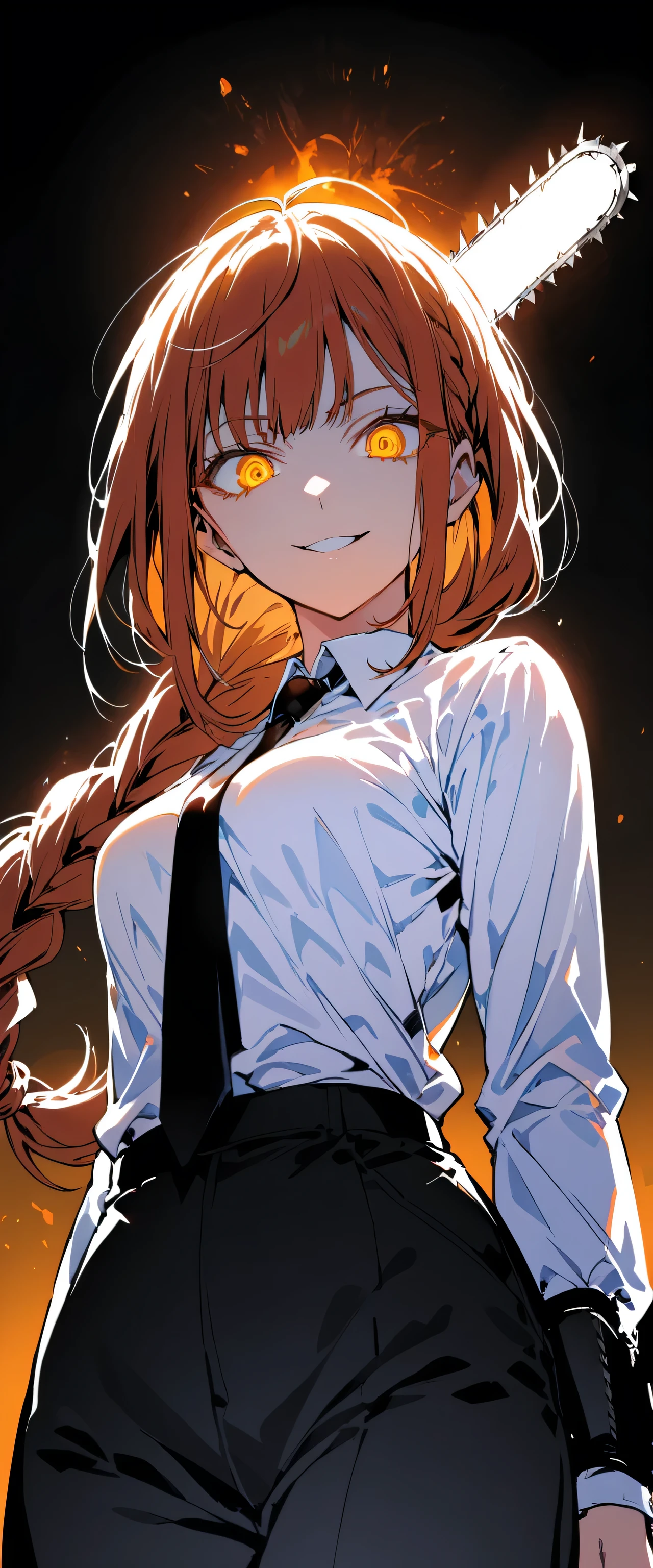hand (chainsaw man), highest quality, Super detailed, One girl, alone, Are standing, Redhead, Long braided hair, Golden Eyes, bangs, Medium chest, White shirt, tie, stare, smile, (evil:1.2), View your viewers, (interview:1.3), (Dark Background), From below, Crisp contrast , Gorgeous fine details, concentrated , Close-up shot , Orange glowing eyes,Front view