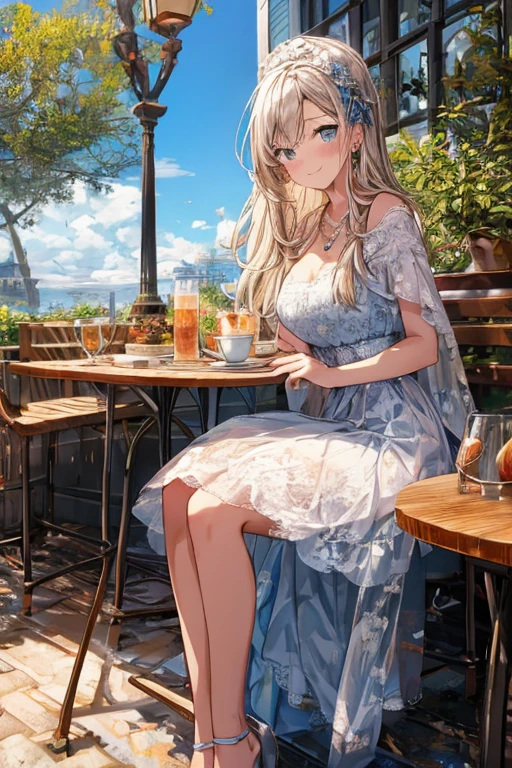 (higher resolution, distinct_image) The best quality, a woman, masterpiece, highly detailed, semi realistic, 26 years old, beautiful, young, handsome, interlaced white blue dress, small gem necklace on neck, exterior, cafe seat, window, sitting, afternoon, blush, smiling
