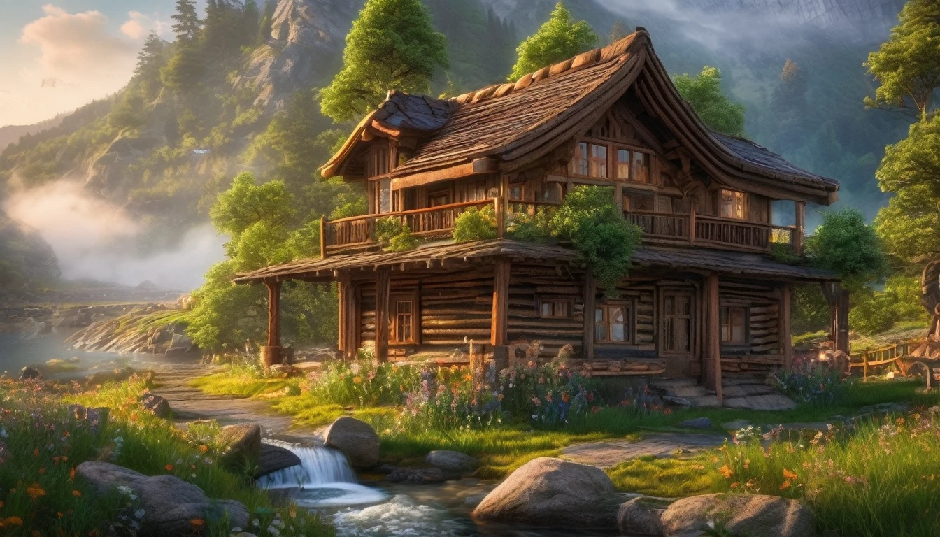 amazing, masterpiece, detailed, super detailed, clear, breathtaking, work of art, realistic, realistic, cozy, highest quality , 8K, sharp, HDR, UHD , art photography art, cinema style, best quality, majestic mountains, a wooden house in the mountains, grasslands, majestic waterfalls, rivers, morning dew drops, dawn light, budding small flowers blooming, sheep grazing, gentle breeze