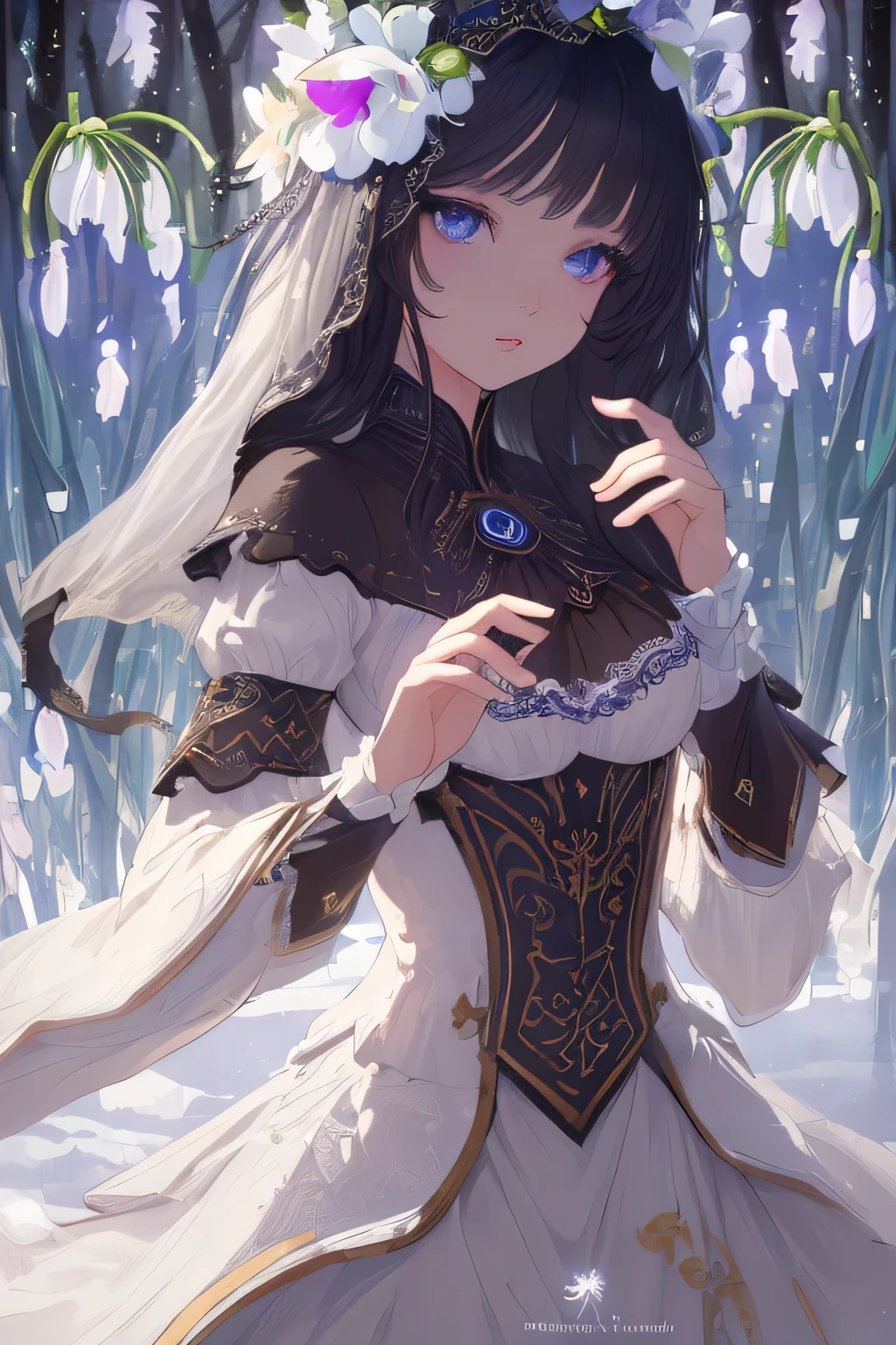 ((masterpiece, highest quality)), High resolution, 8k, Cinematic Light, High Contrast, Depth of written boundary, Strong brilliance, Detailed Background, One girl, cute, Detailed eyes, eyes shine, Detailed Iris, Snowdrops(flower)With the motif