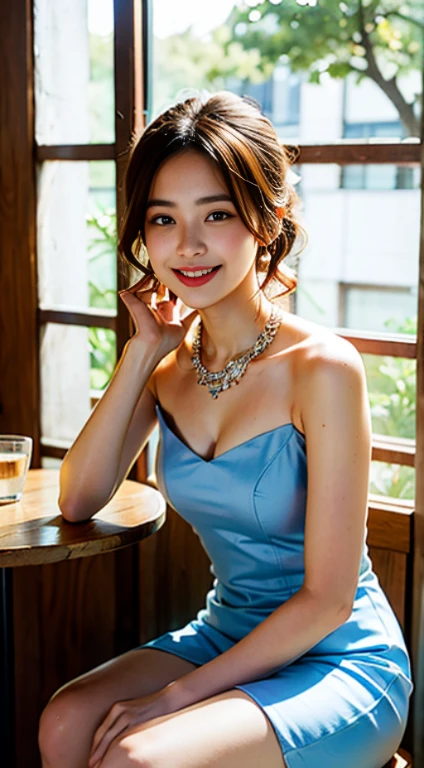 (higher resolution, distinct_image) The best quality, a woman, masterpiece, highly detailed, semi realistic, 26 years old, beautiful, young, handsome, interlaced white blue dress, small gem necklace on neck, exterior, cafe seat, window, sitting, afternoon, blush, smiling
