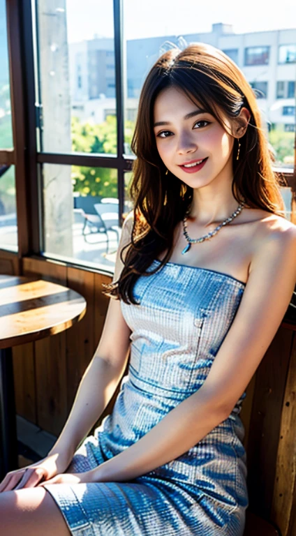 (higher resolution, distinct_image) The best quality, a woman, masterpiece, highly detailed, semi realistic, 26 years old, beautiful, young, handsome, interlaced white blue dress, small gem necklace on neck, exterior, cafe seat, window, sitting, afternoon, blush, smiling
