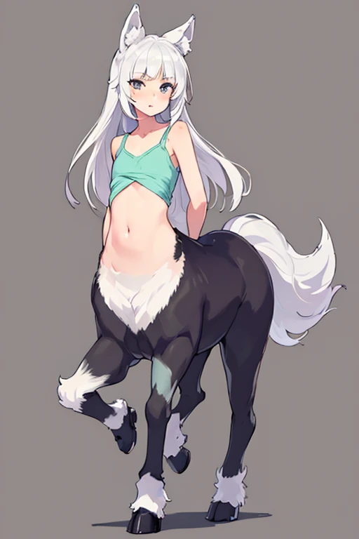 wolf girl、adult、2 Men Arms、Four wolf legs、quadrupedal walking、delicate、Delicate face、wolf ears、Silvery white hair and body hair、Flat chest、T-Shirts、(exposure of the abdomen)、Sharp Eye、Ultra HD