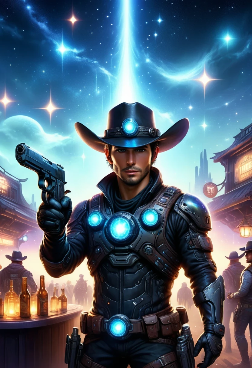 Cyberpunk cowboy in interstellar tavern,Futuristic starry sky background,Alien Technology,Mechanical Cowboy