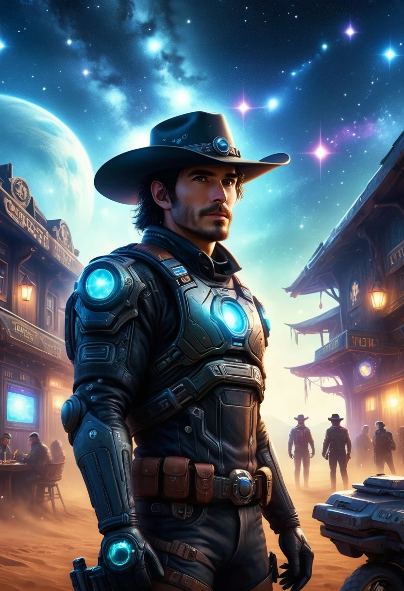 Cyberpunk cowboy in interstellar tavern，Futuristic starry sky background，Alien Technology，Mechanical Cowboy