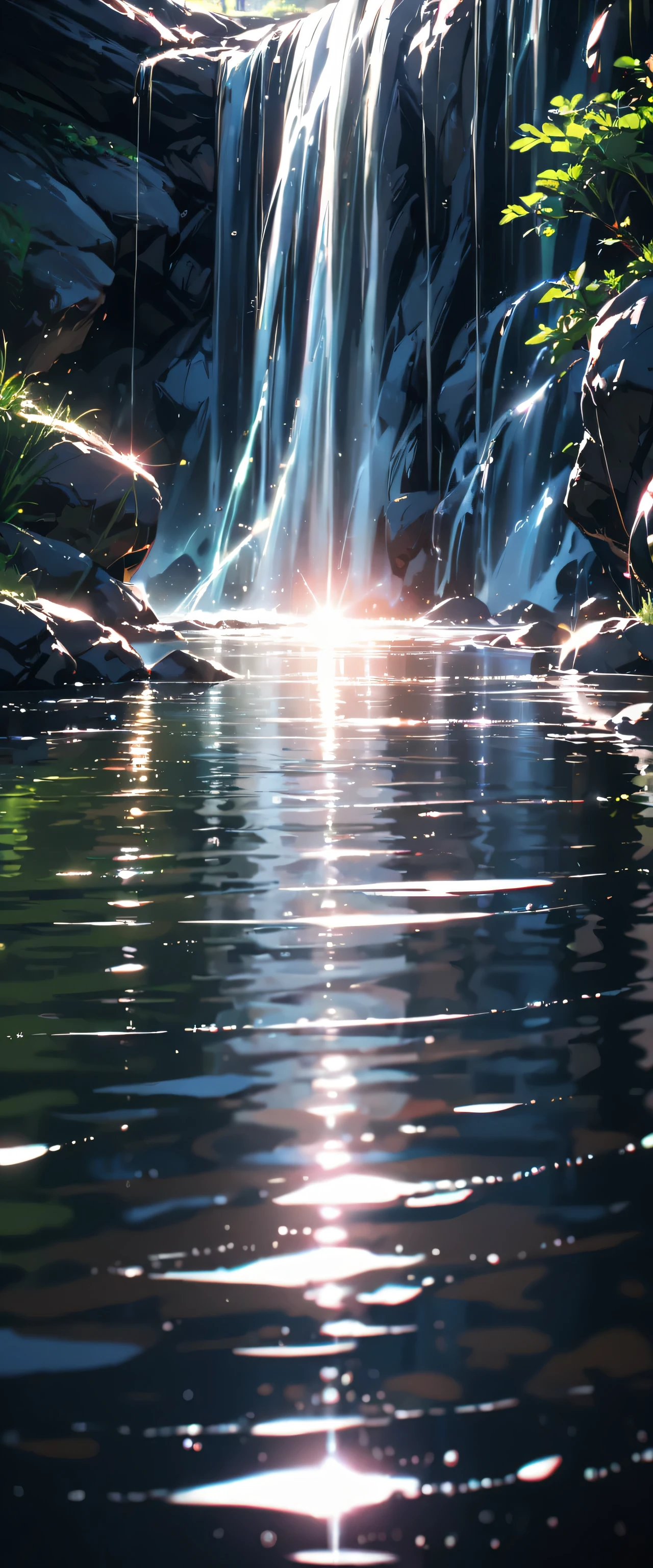 A turbulent waterfall in a tranquil and beautiful landscape, Ray Tracing, detailed reflections, Complex, Attention to detail, dramatic, Top quality masterpiece, Realistic, detailed, 8k, High resolution, Backlight, bloom, The light shines, chromatic aberration, Sharp focus