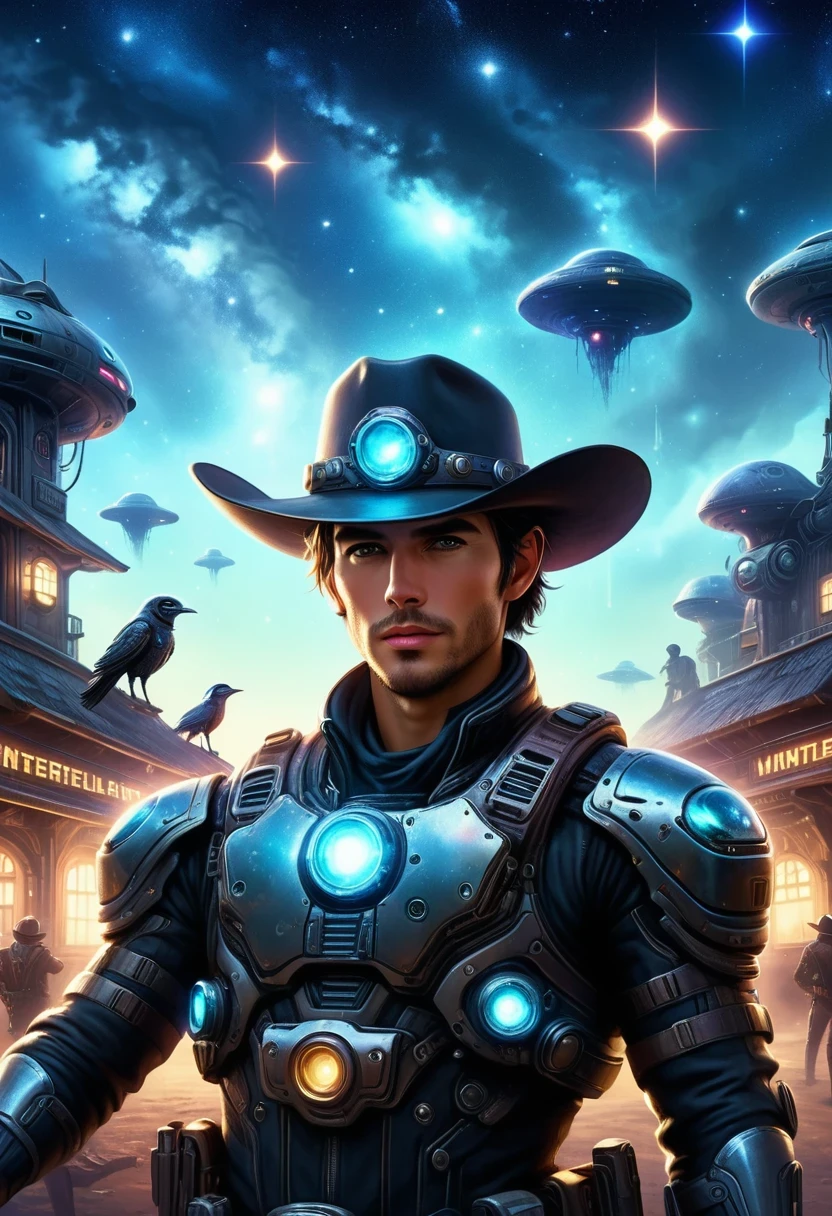 Cyberpunk cowboy in interstellar tavern，Futuristic starry sky background，Alien Technology，Mechanical Cowboy