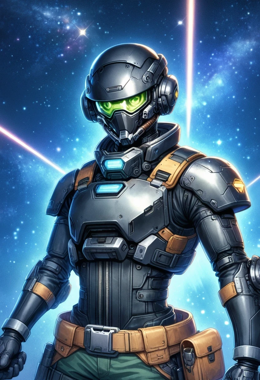 Cyberpunk cowboy in interstellar tavern,Futuristic starry sky background,Alien Technology,Mechanical Cowboy