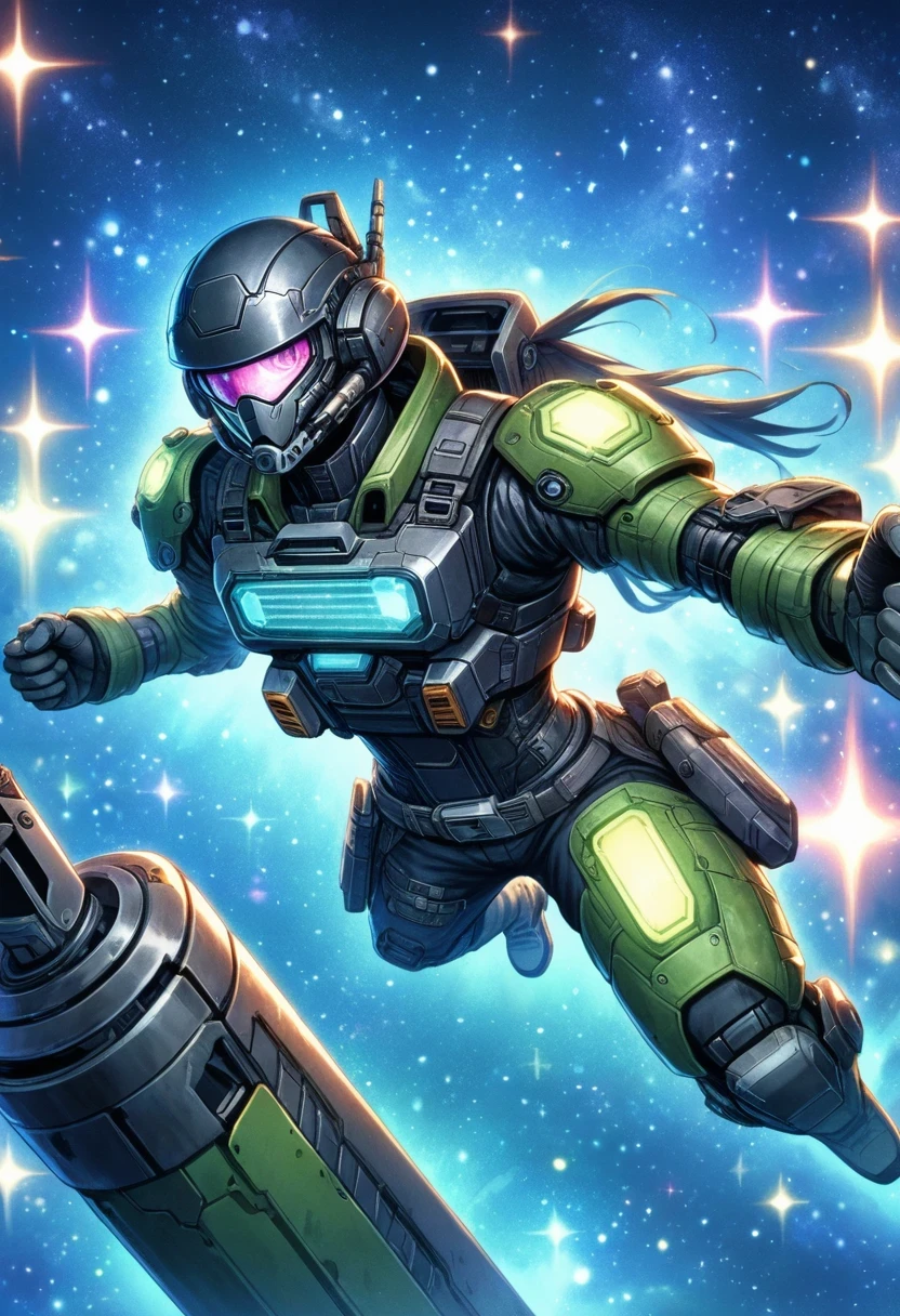 Cyberpunk cowboy in interstellar tavern，Futuristic starry sky background，Alien Technology，Mechanical Cowboy